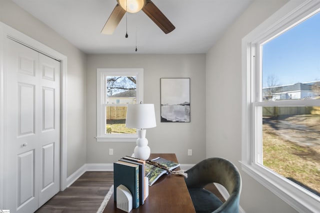 office area featuring a wealth of natural light, ceiling fan, and dark hardwood / wood-style floors