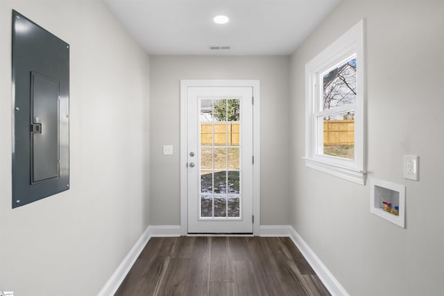 doorway featuring dark hardwood / wood-style floors and electric panel