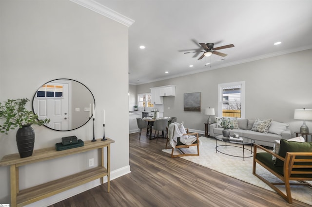 living room featuring dark hardwood / wood-style flooring, ceiling fan, and crown molding