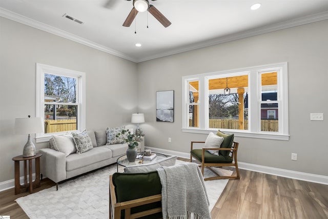 living room featuring hardwood / wood-style flooring, ceiling fan, and ornamental molding