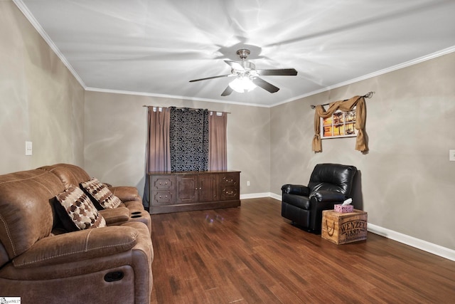 living room featuring crown molding, dark hardwood / wood-style flooring, and ceiling fan