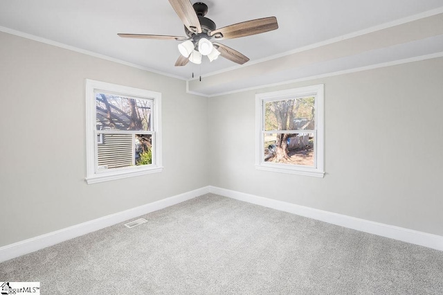 carpeted spare room featuring ceiling fan and crown molding