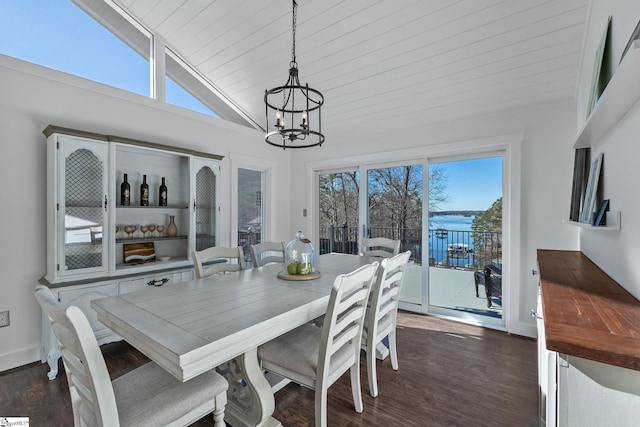 dining room featuring a notable chandelier, dark hardwood / wood-style floors, wood ceiling, and lofted ceiling