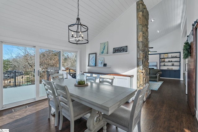 dining room with wooden ceiling, high vaulted ceiling, and dark wood-type flooring