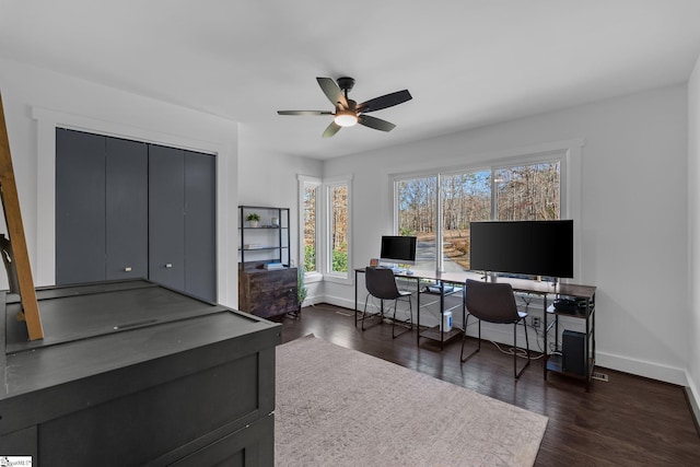 office area with ceiling fan and dark wood-type flooring