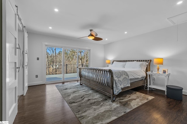 bedroom with ceiling fan, dark hardwood / wood-style floors, and access to exterior