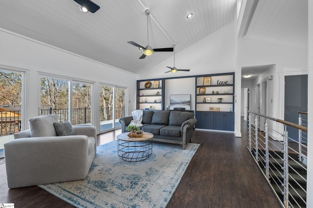 living room with ceiling fan, dark wood-type flooring, high vaulted ceiling, and wood ceiling