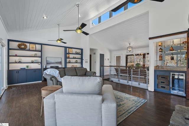 living room featuring ceiling fan, built in features, high vaulted ceiling, dark hardwood / wood-style floors, and wood ceiling