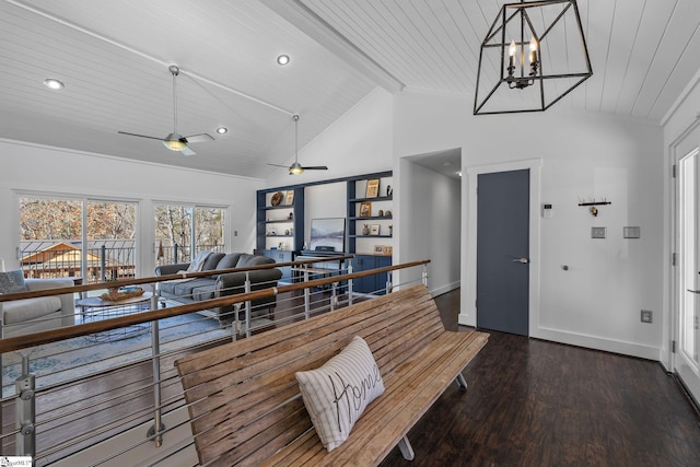 interior space with wood ceiling, dark hardwood / wood-style flooring, lofted ceiling with beams, and ceiling fan with notable chandelier