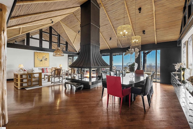 dining area featuring wooden ceiling, dark hardwood / wood-style floors, a notable chandelier, and high vaulted ceiling