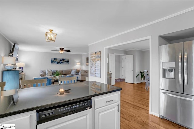 kitchen featuring stainless steel fridge, white dishwasher, ceiling fan, light hardwood / wood-style floors, and white cabinetry