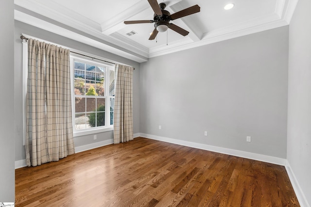 unfurnished room with crown molding, beamed ceiling, wood-type flooring, and coffered ceiling