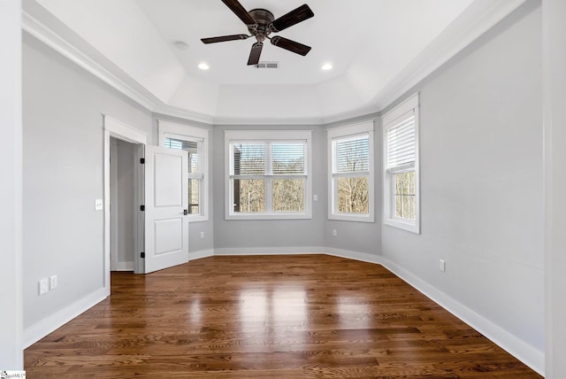 spare room with a raised ceiling, plenty of natural light, dark wood-type flooring, and ceiling fan