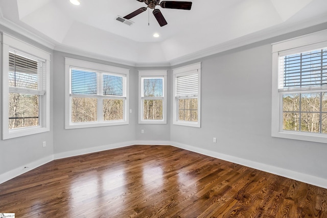 spare room featuring a raised ceiling, ceiling fan, hardwood / wood-style floors, and crown molding