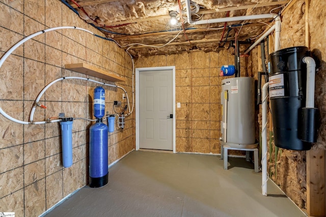 basement with water heater and heat pump water heater