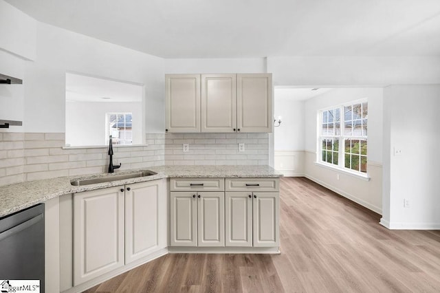 kitchen with decorative backsplash, dishwasher, sink, and light stone counters