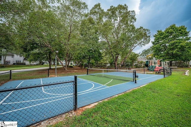 view of basketball court with a playground, a yard, and tennis court