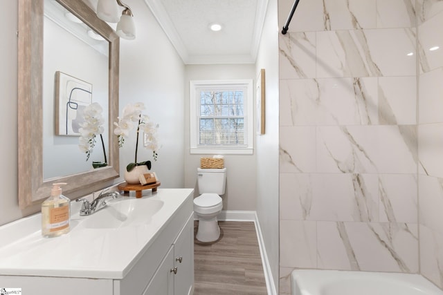 full bathroom featuring vanity, crown molding, hardwood / wood-style flooring, toilet, and a textured ceiling