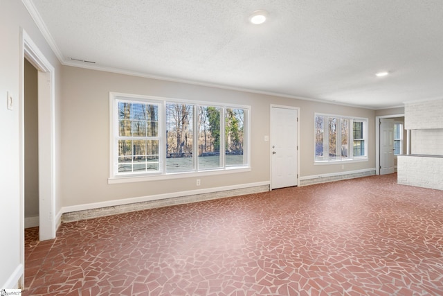 unfurnished living room featuring a textured ceiling and ornamental molding