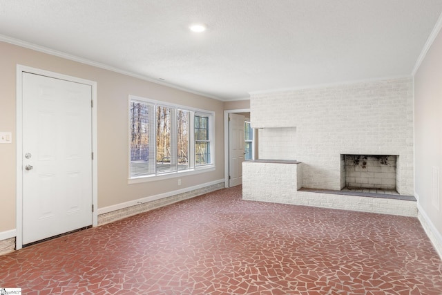 unfurnished living room with crown molding and a brick fireplace