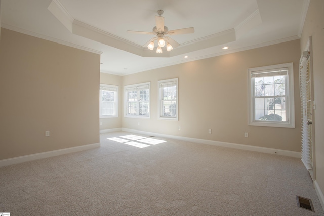 unfurnished room with ceiling fan, a raised ceiling, and ornamental molding