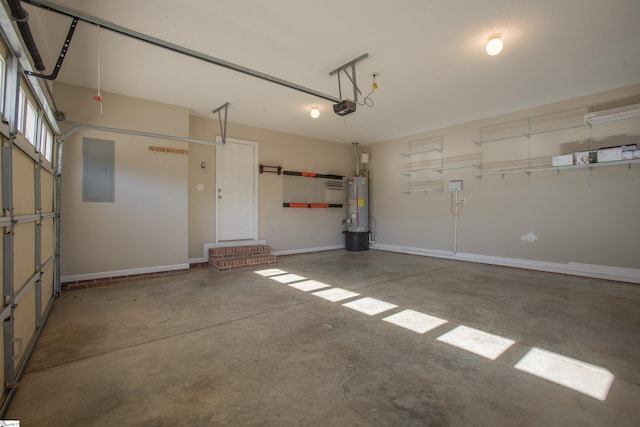 garage with electric panel, a garage door opener, and water heater