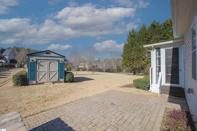 view of patio with a shed