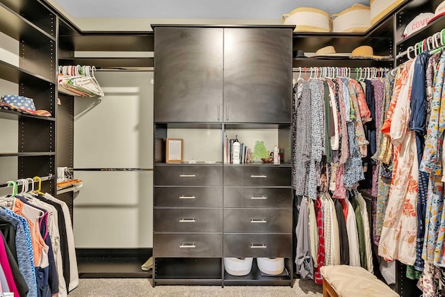 walk in closet featuring light colored carpet