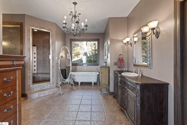 bathroom with a notable chandelier, vanity, and shower with separate bathtub