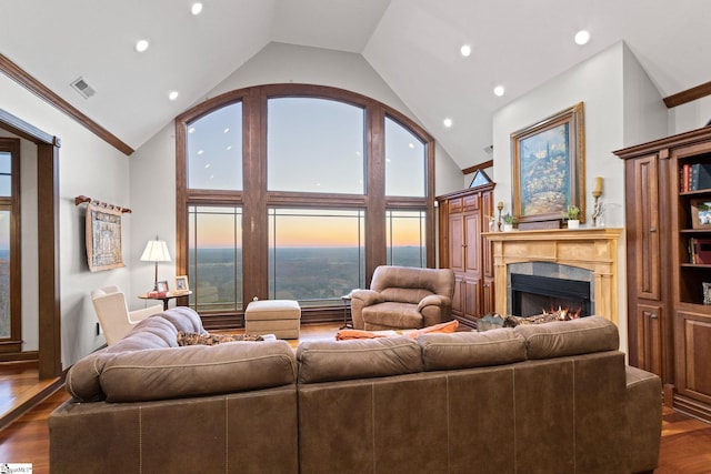 living room featuring high vaulted ceiling, dark hardwood / wood-style floors, and ornamental molding