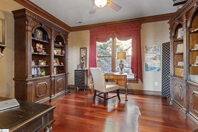 office area with ceiling fan, ornamental molding, dark wood-type flooring, and built in shelves