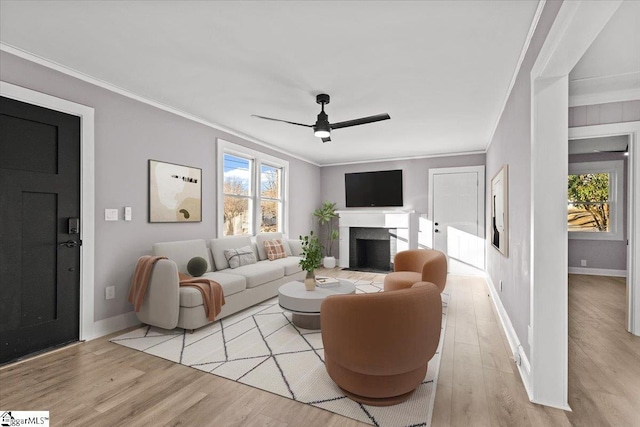 living room featuring light wood-type flooring, ceiling fan, and crown molding