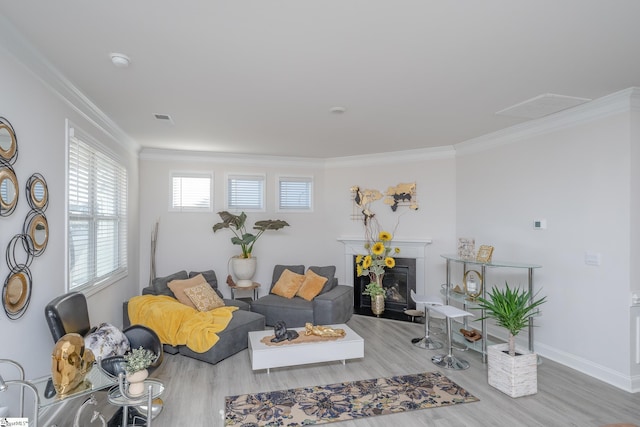 living room featuring light hardwood / wood-style flooring and crown molding