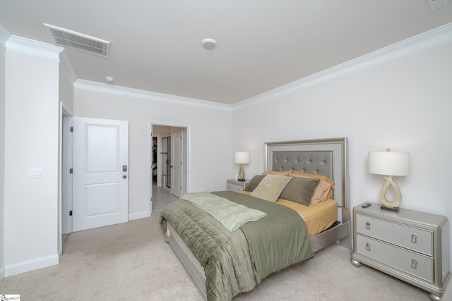 carpeted bedroom featuring ornamental molding