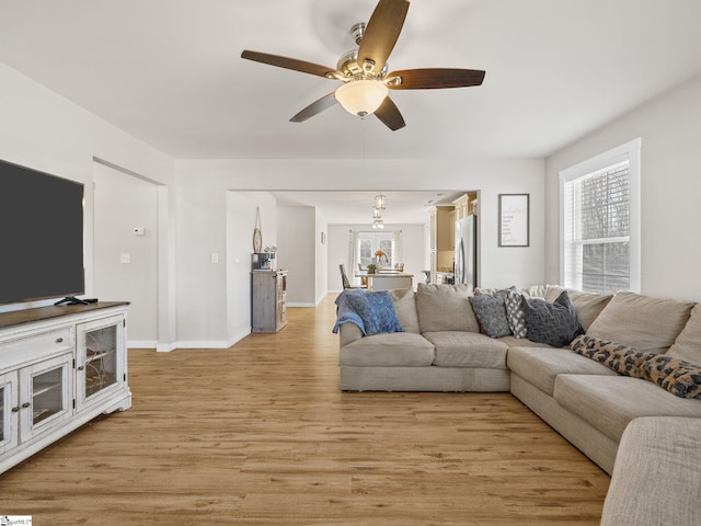 living room featuring ceiling fan and light hardwood / wood-style flooring