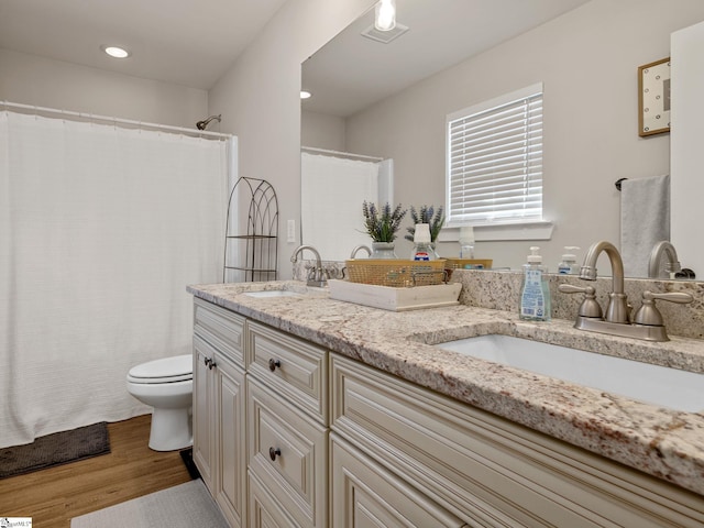 bathroom with hardwood / wood-style flooring, vanity, and toilet