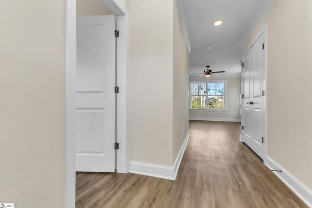 hall featuring light hardwood / wood-style floors and crown molding