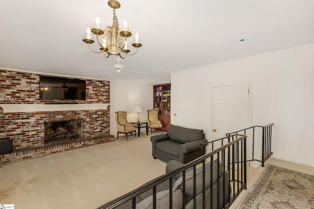 living room featuring carpet flooring, a fireplace, and ornamental molding