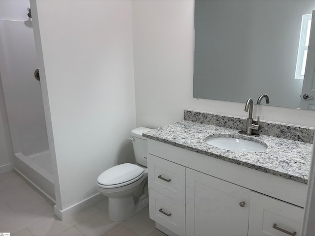 bathroom with tile patterned floors, walk in shower, vanity, and toilet