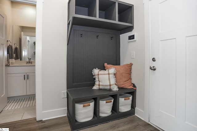 mudroom featuring sink and dark wood-type flooring