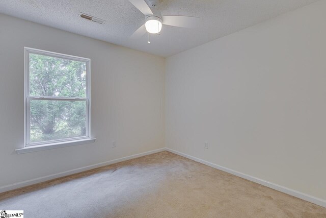 empty room with a wealth of natural light, ceiling fan, light carpet, and a textured ceiling