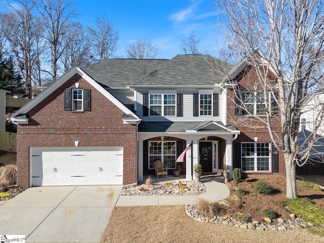 front of property with a porch and a garage