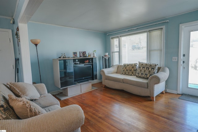 living room with hardwood / wood-style floors and ornamental molding