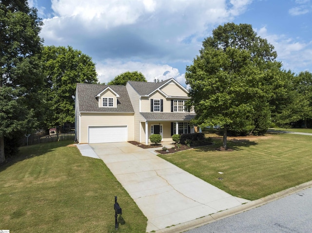 view of front of house featuring covered porch, a garage, and a front yard