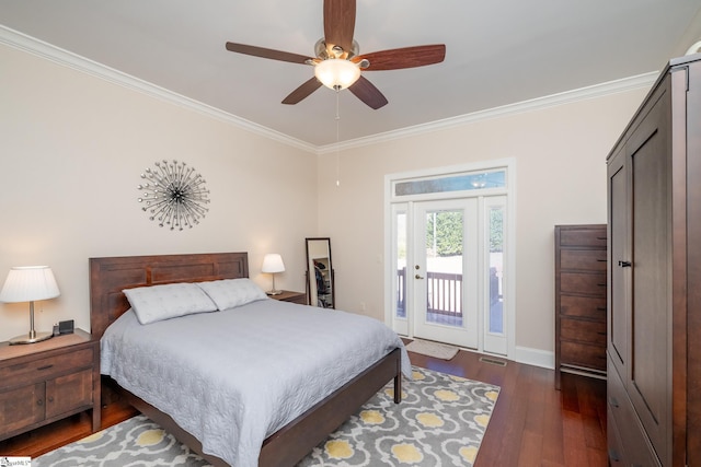 bedroom featuring access to outside, ceiling fan, crown molding, and dark hardwood / wood-style floors