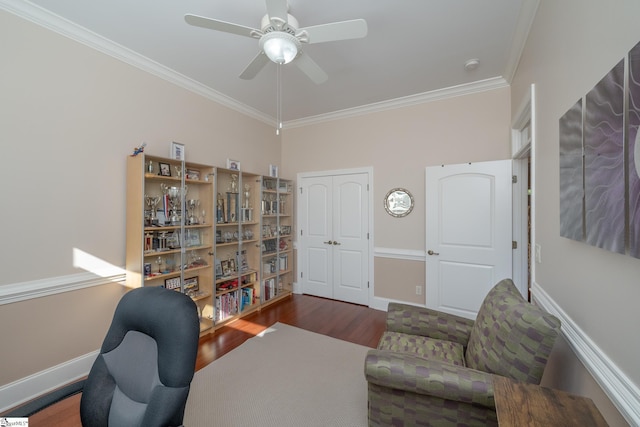 office with dark hardwood / wood-style flooring, ceiling fan, and crown molding