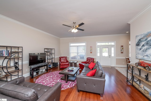 living room with dark hardwood / wood-style floors, ceiling fan, and ornamental molding