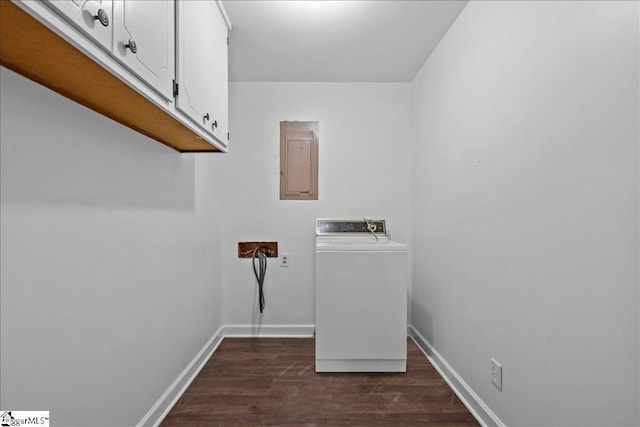 clothes washing area with cabinets, washer / dryer, electric panel, and dark hardwood / wood-style floors