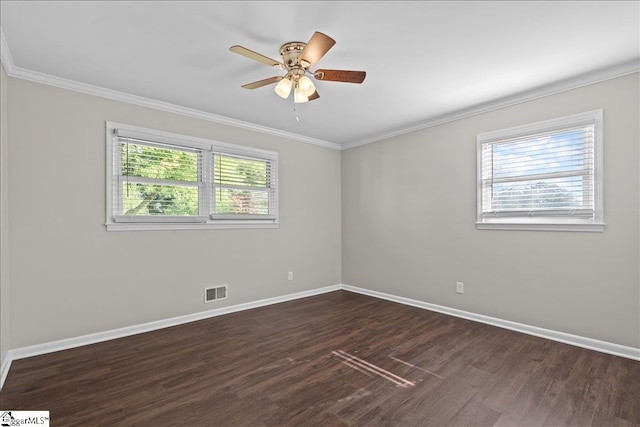 unfurnished room with ceiling fan, dark hardwood / wood-style flooring, and a healthy amount of sunlight