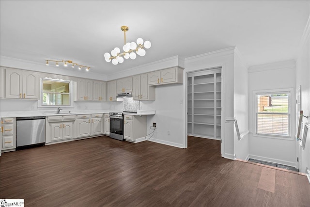 kitchen with sink, appliances with stainless steel finishes, decorative light fixtures, dark hardwood / wood-style flooring, and a chandelier